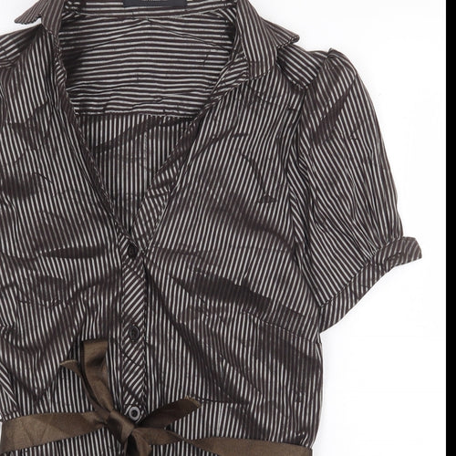 Voyelles Womens Brown Striped Polyester Basic Button-Up Size 4XL Collared