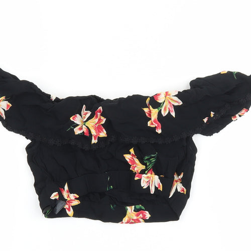 Miss Selfridge Womens Black Floral Polyester Cropped Blouse Size 8 Off the Shoulder - Bardot Embroidered Trim