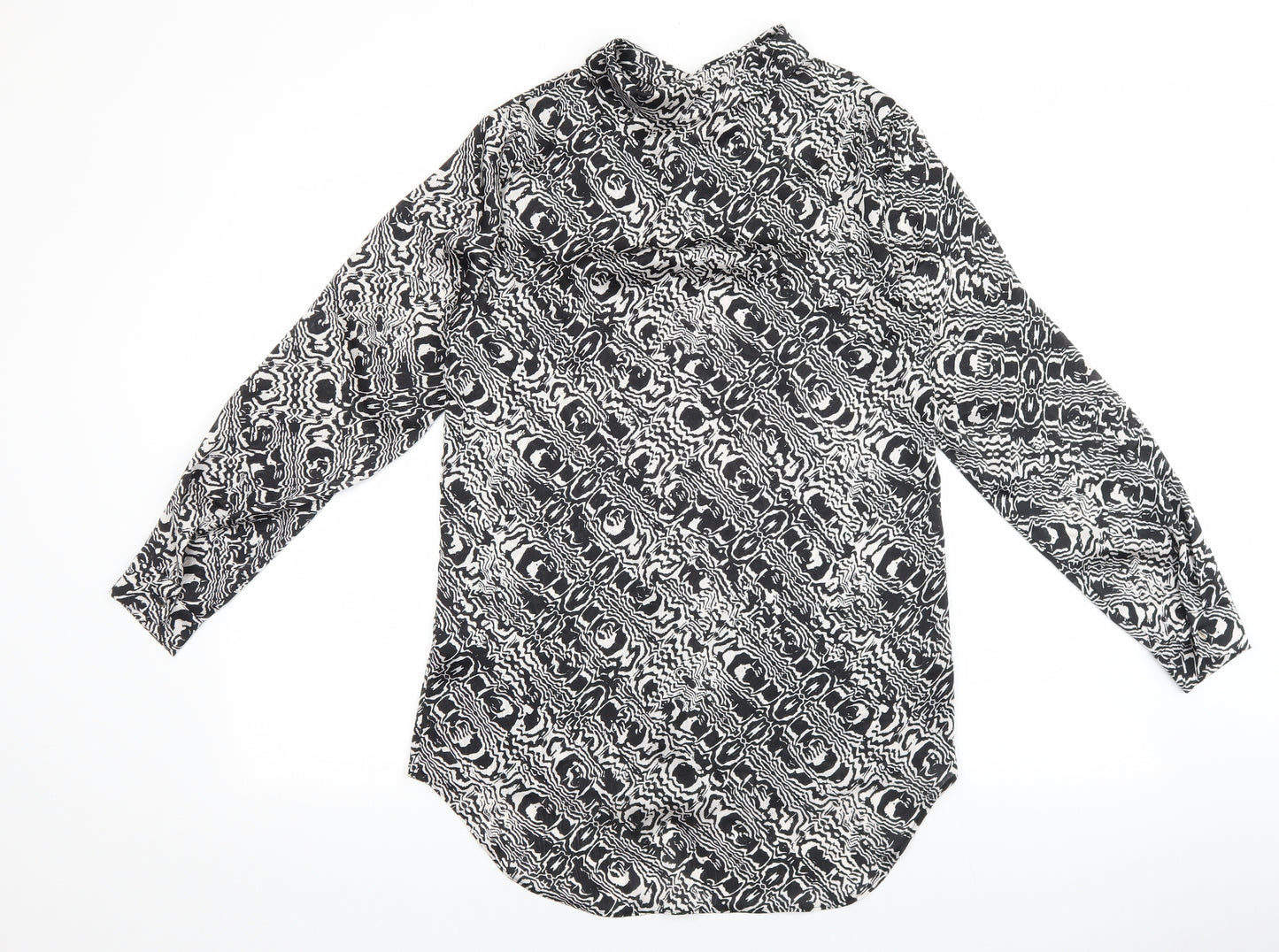 M&Co Womens Black Geometric Polyester Basic Button-Up Size 10 Collared