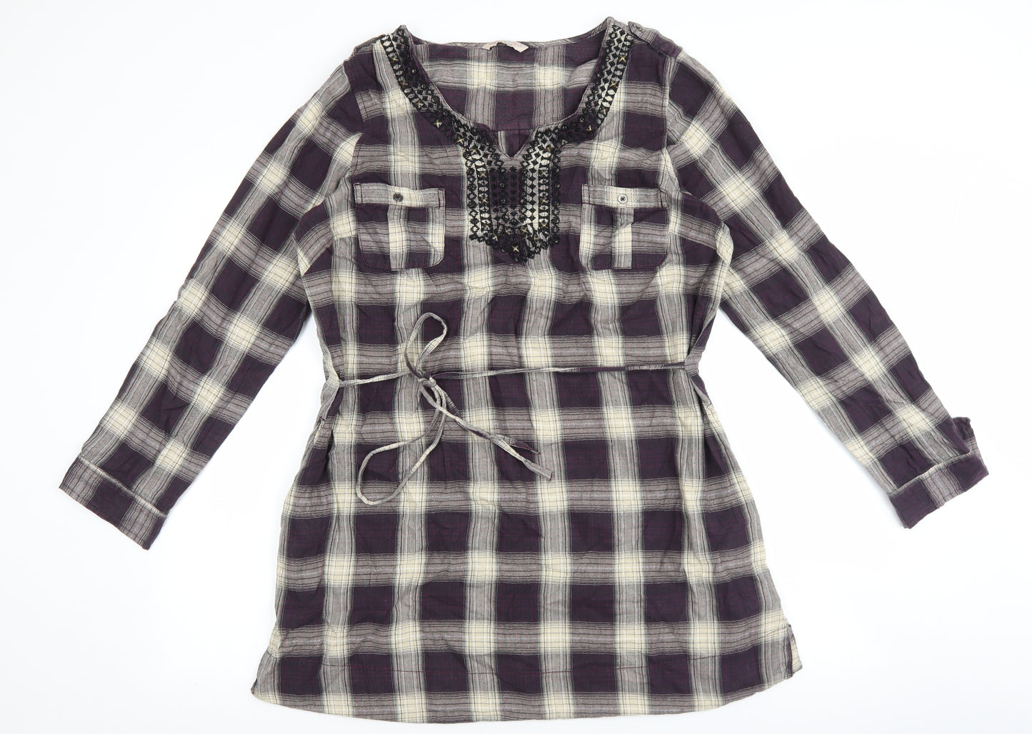 Marks and Spencer Womens Multicoloured Plaid 100% Cotton Tunic Blouse Size 16 Scoop Neck