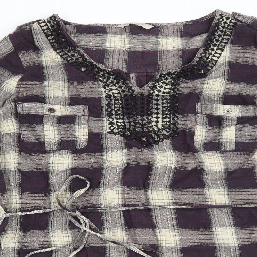 Marks and Spencer Womens Multicoloured Plaid 100% Cotton Tunic Blouse Size 16 Scoop Neck
