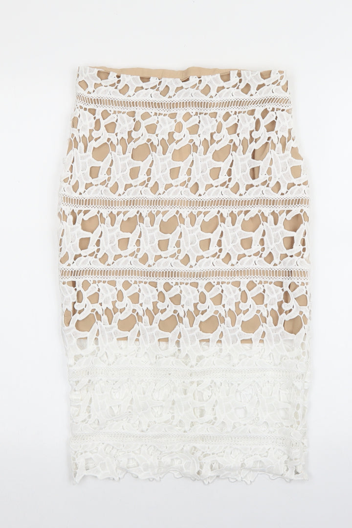 New Look Womens White Polyester Straight & Pencil Skirt Size 8 Zip - Lace detail