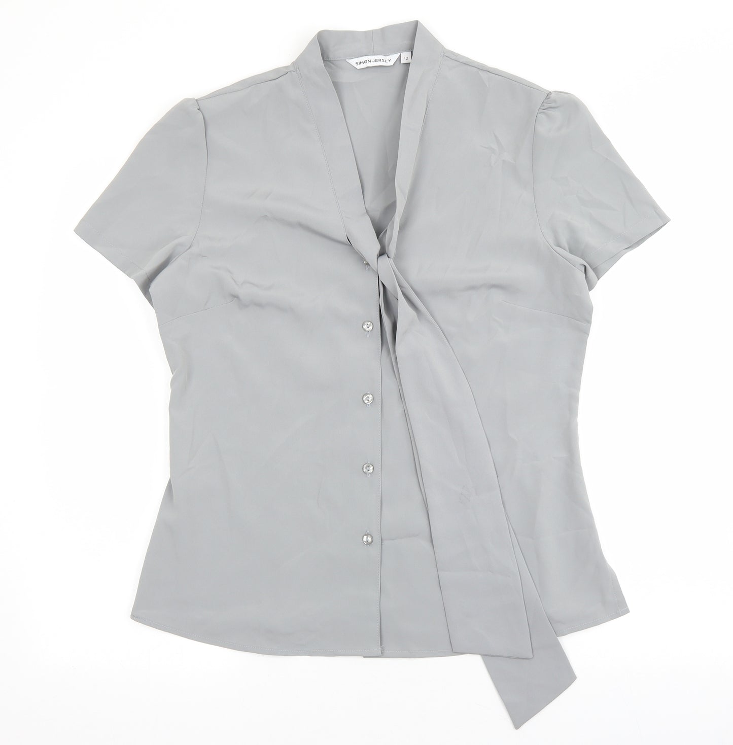 SIMON JERSEY Womens Grey Polyester Basic Blouse Size 12 V-Neck - Tie Neck