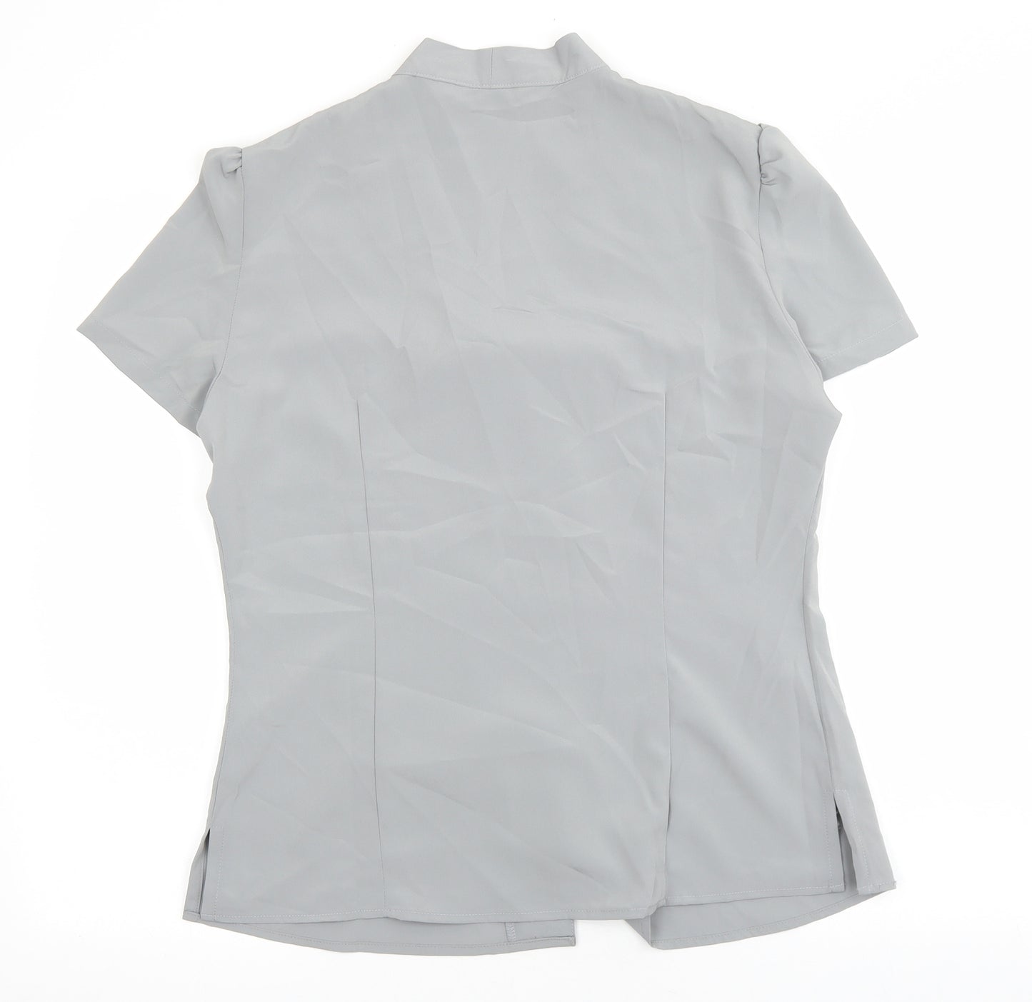 SIMON JERSEY Womens Grey Polyester Basic Blouse Size 12 V-Neck - Tie Neck