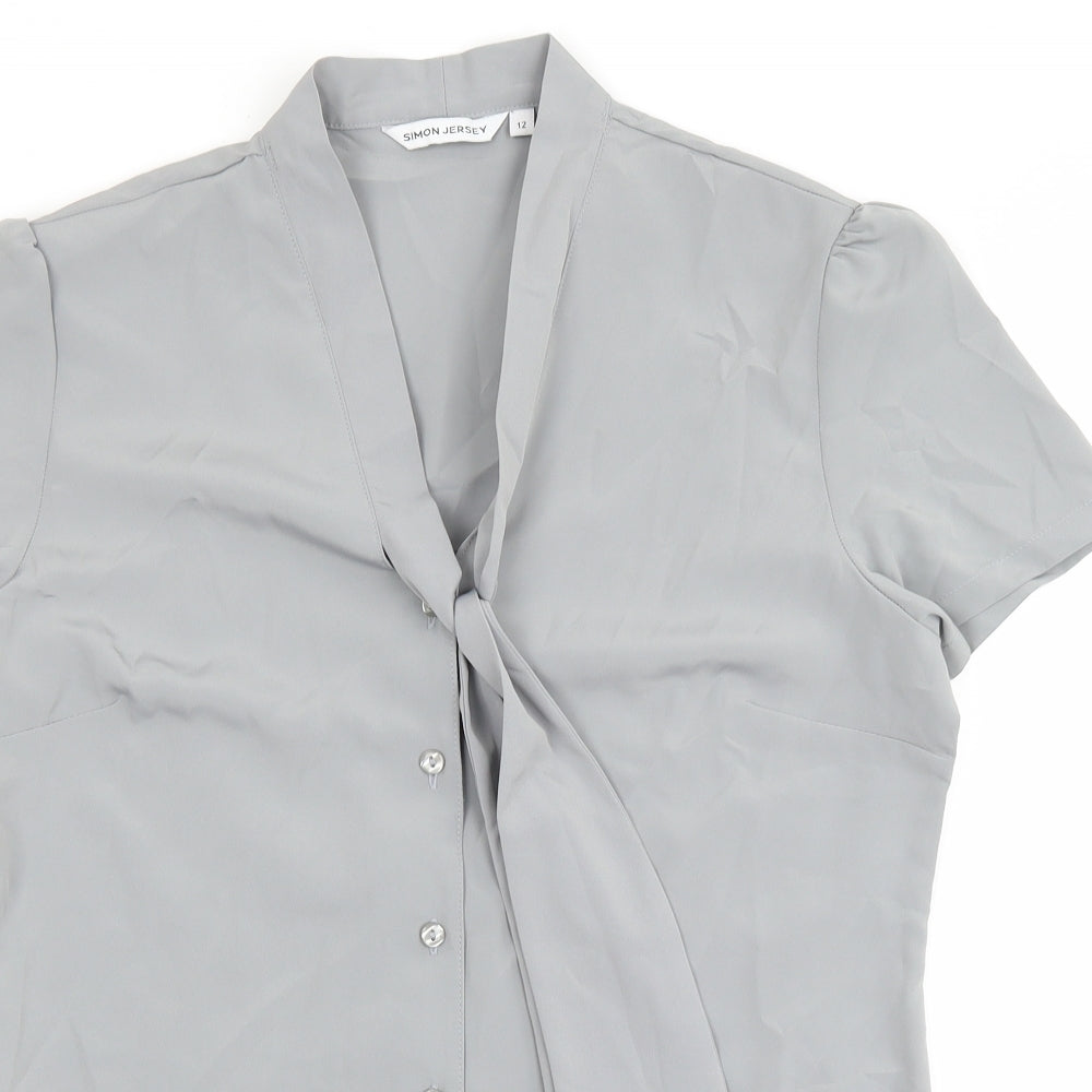 SIMON JERSEY Womens Grey Polyester Basic Blouse Size 12 V-Neck - Tie Neck