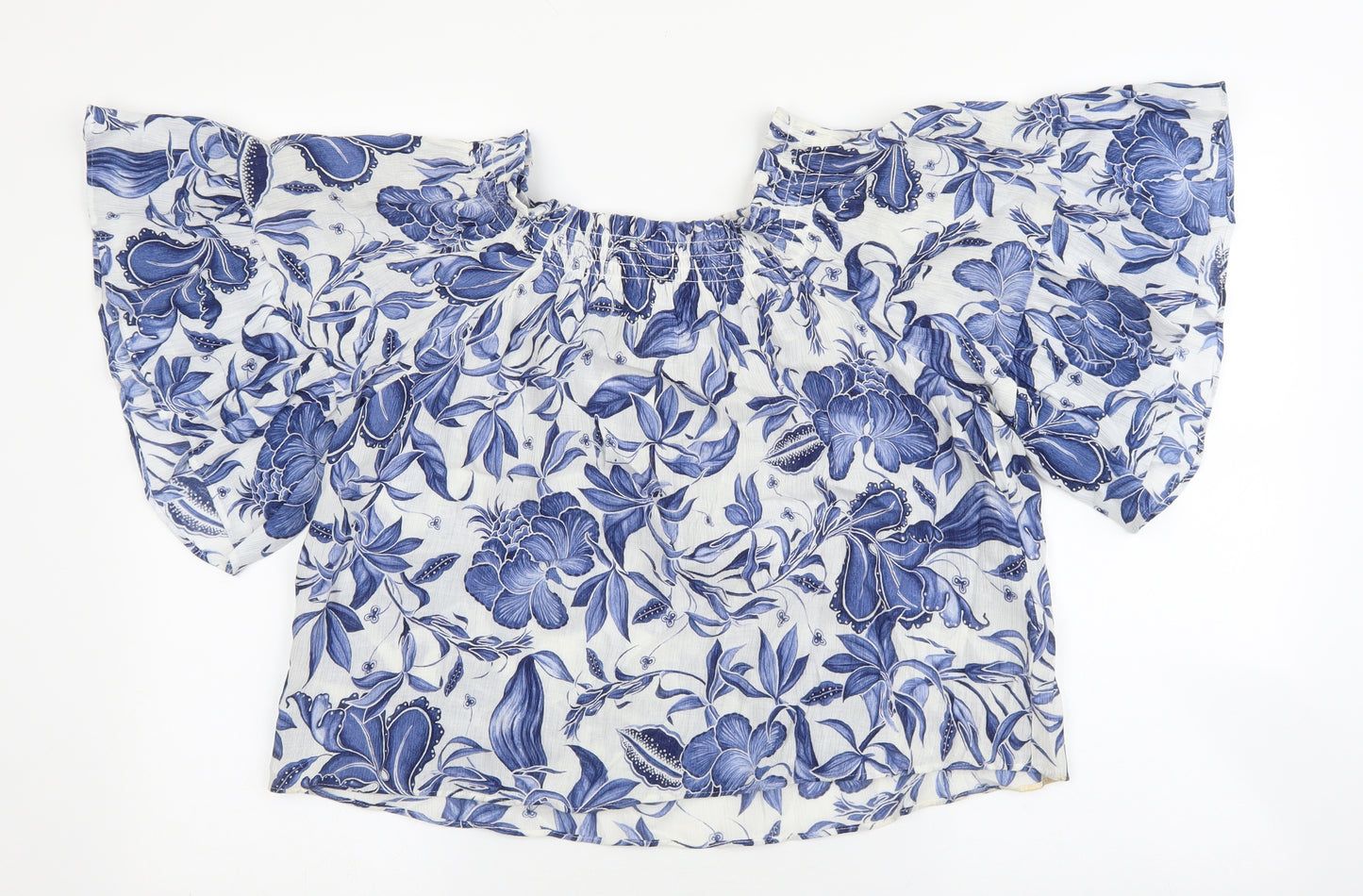 H&M Womens Blue Floral Viscose Basic Blouse Size 6 Square Neck - Angel Sleeve