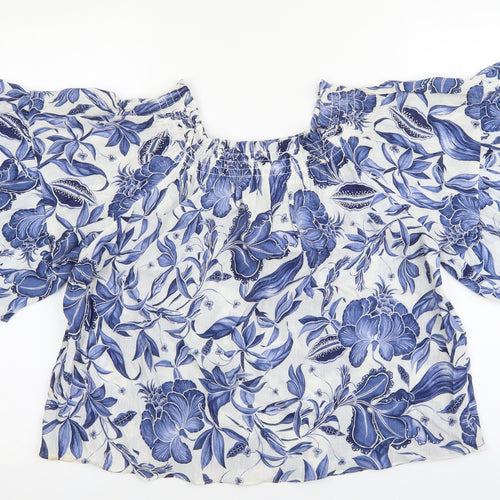 H&M Womens Blue Floral Viscose Basic Blouse Size 6 Square Neck - Angel Sleeve