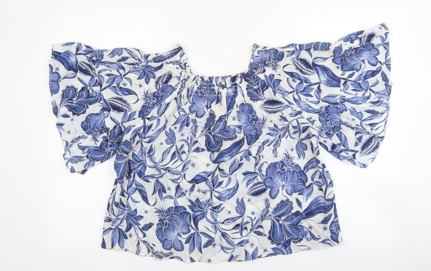 H&M Womens Blue Floral Viscose Basic Blouse Size 6 Square Neck - Angel Sleeve