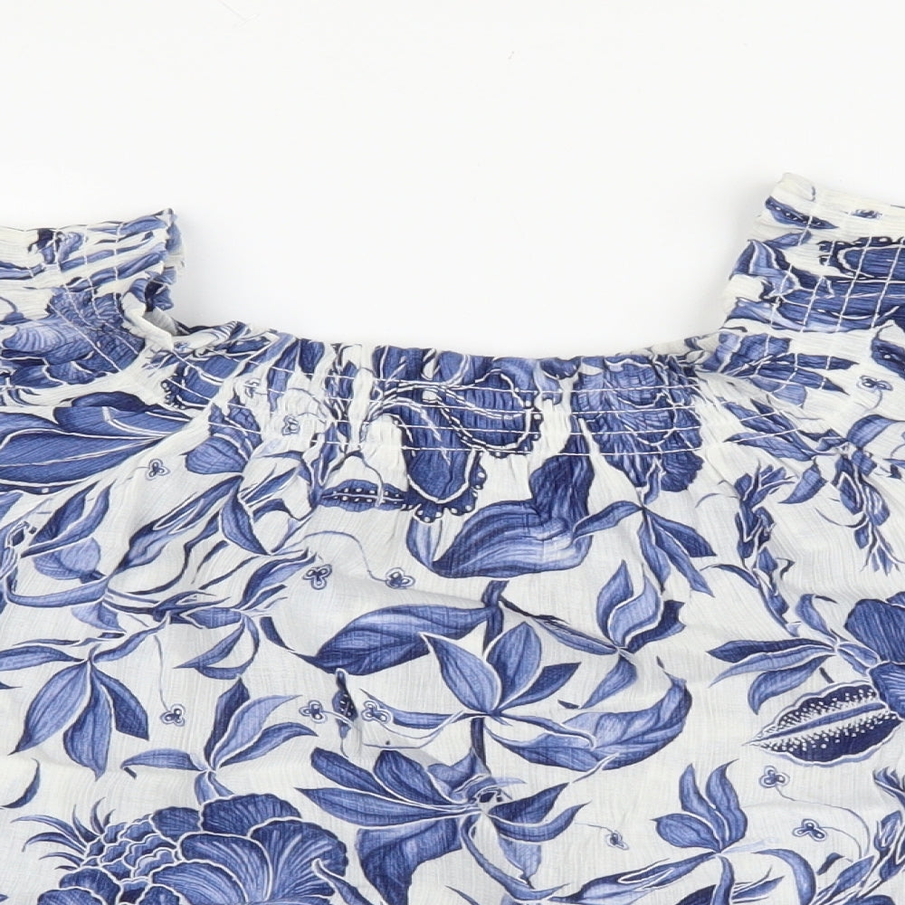 H&M Womens Blue Floral Viscose Basic Blouse Size 6 Square Neck - Angel Sleeve