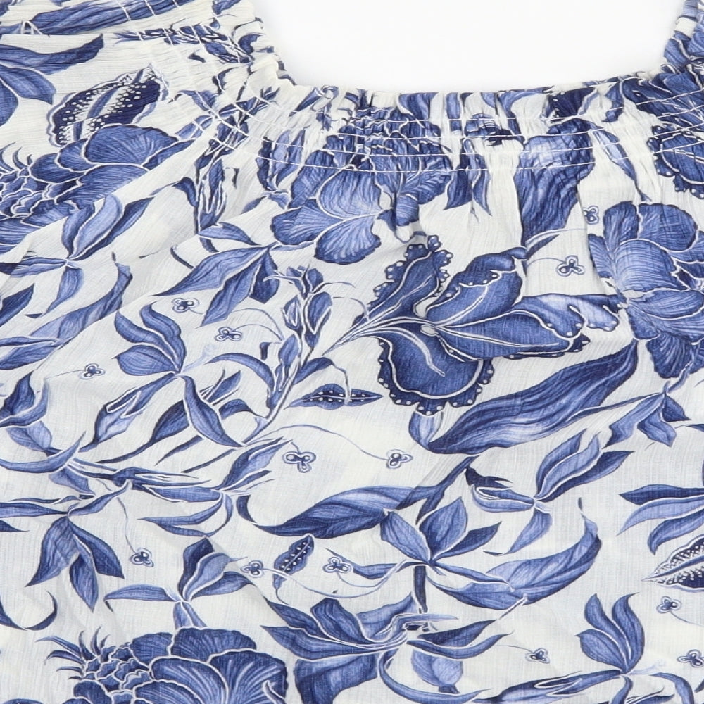 H&M Womens Blue Floral Viscose Basic Blouse Size 6 Square Neck - Angel Sleeve