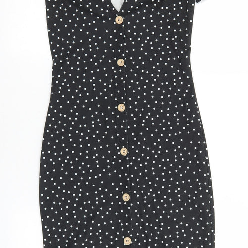 Zara Womens Black Polka Dot Polyester Pencil Dress Size S V-Neck Button