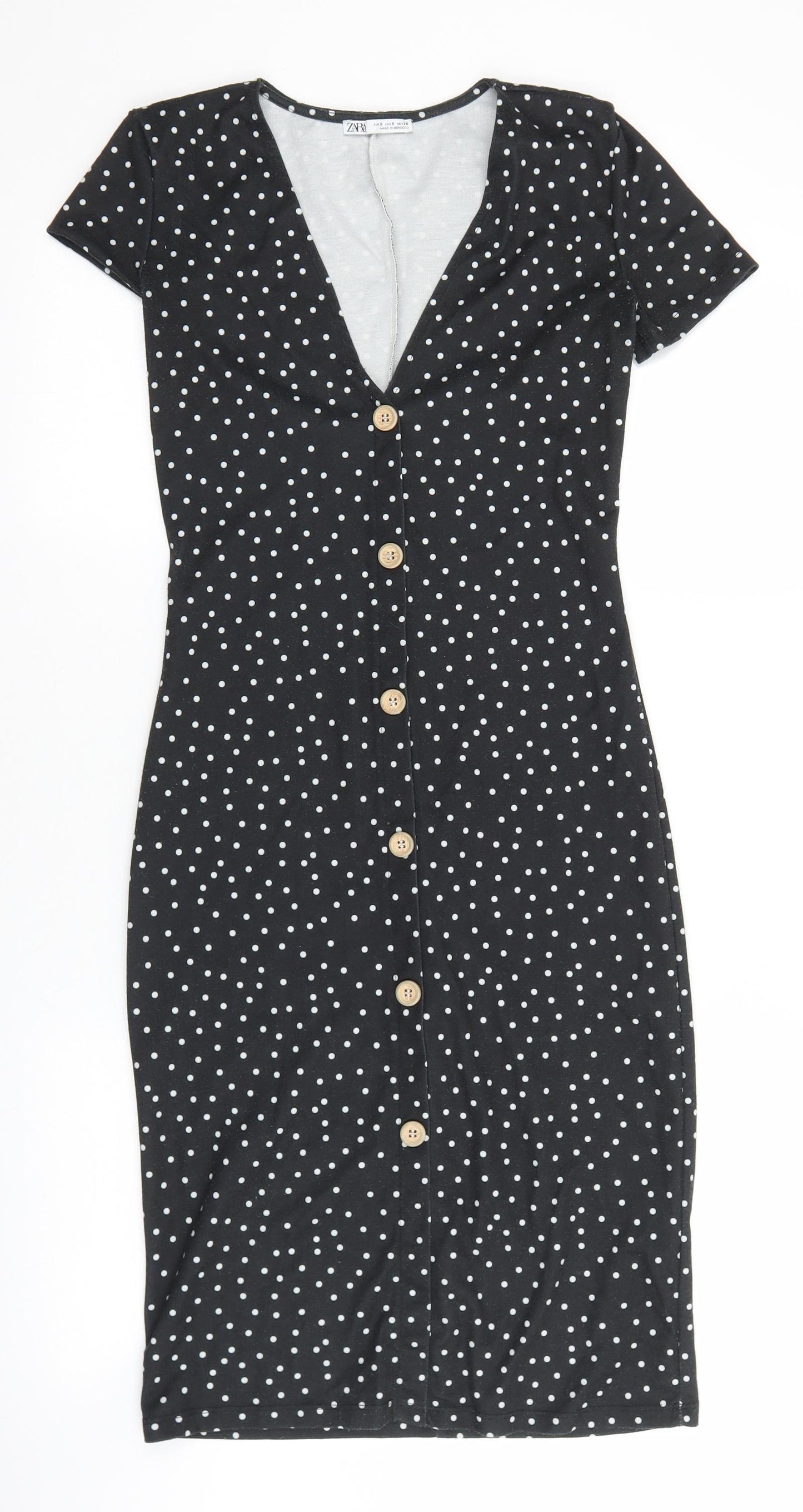 Zara Womens Black Polka Dot Polyester Pencil Dress Size S V-Neck Button