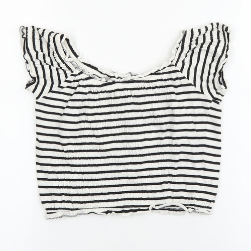 New Look Womens White Striped Cotton Cropped T-Shirt Size 8 Scoop Neck