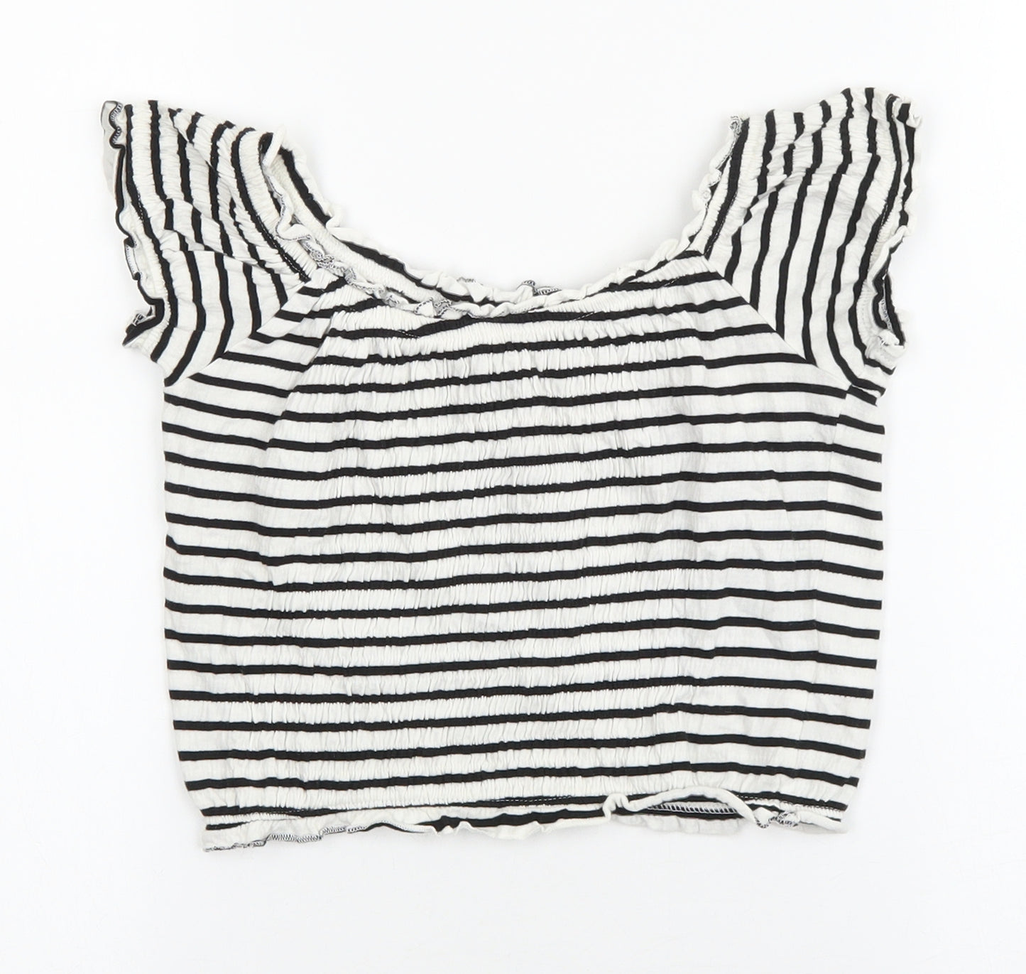 New Look Womens White Striped Cotton Cropped T-Shirt Size 8 Scoop Neck