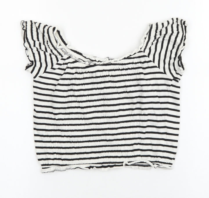 New Look Womens White Striped Cotton Cropped T-Shirt Size 8 Scoop Neck