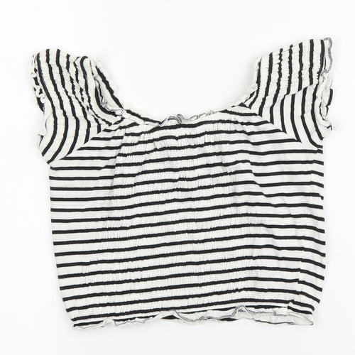 New Look Womens White Striped Cotton Cropped T-Shirt Size 8 Scoop Neck