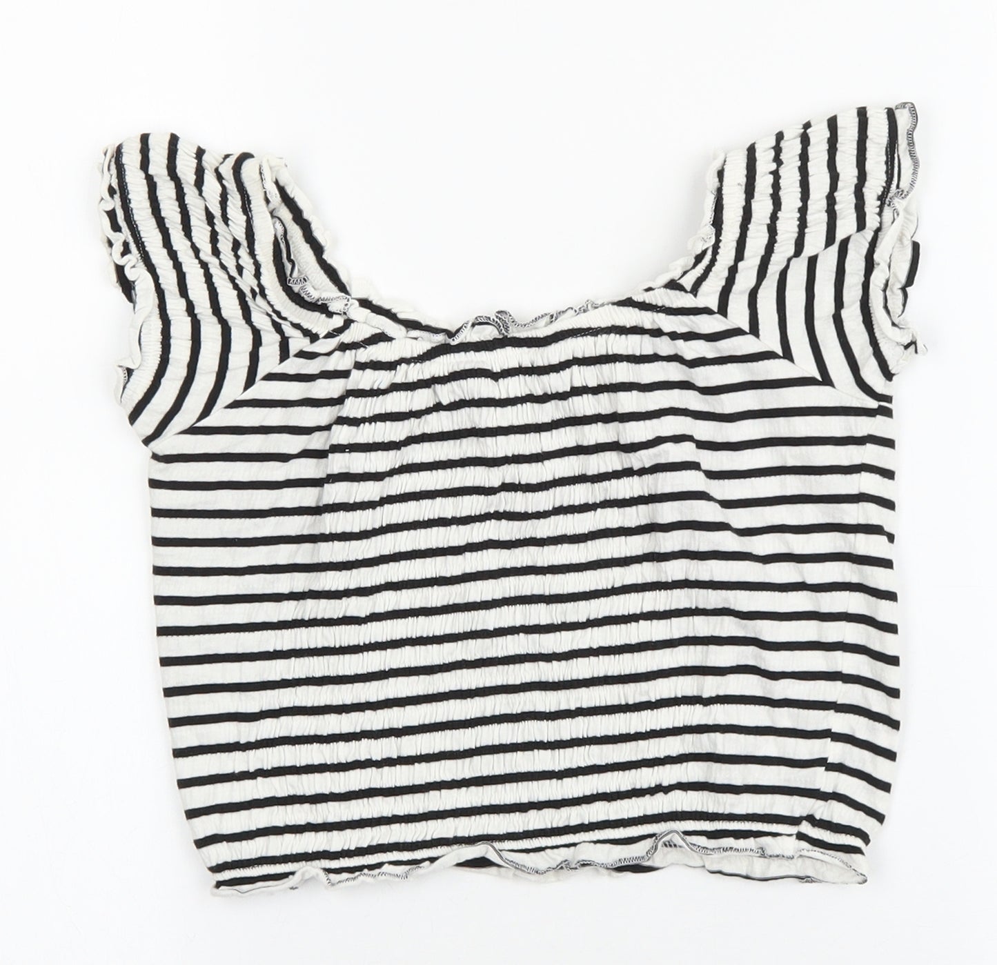 New Look Womens White Striped Cotton Cropped T-Shirt Size 8 Scoop Neck