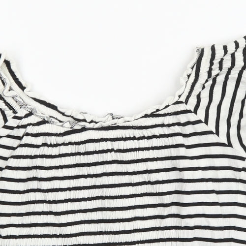 New Look Womens White Striped Cotton Cropped T-Shirt Size 8 Scoop Neck
