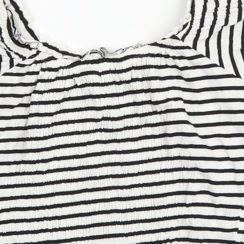 New Look Womens White Striped Cotton Cropped T-Shirt Size 8 Scoop Neck