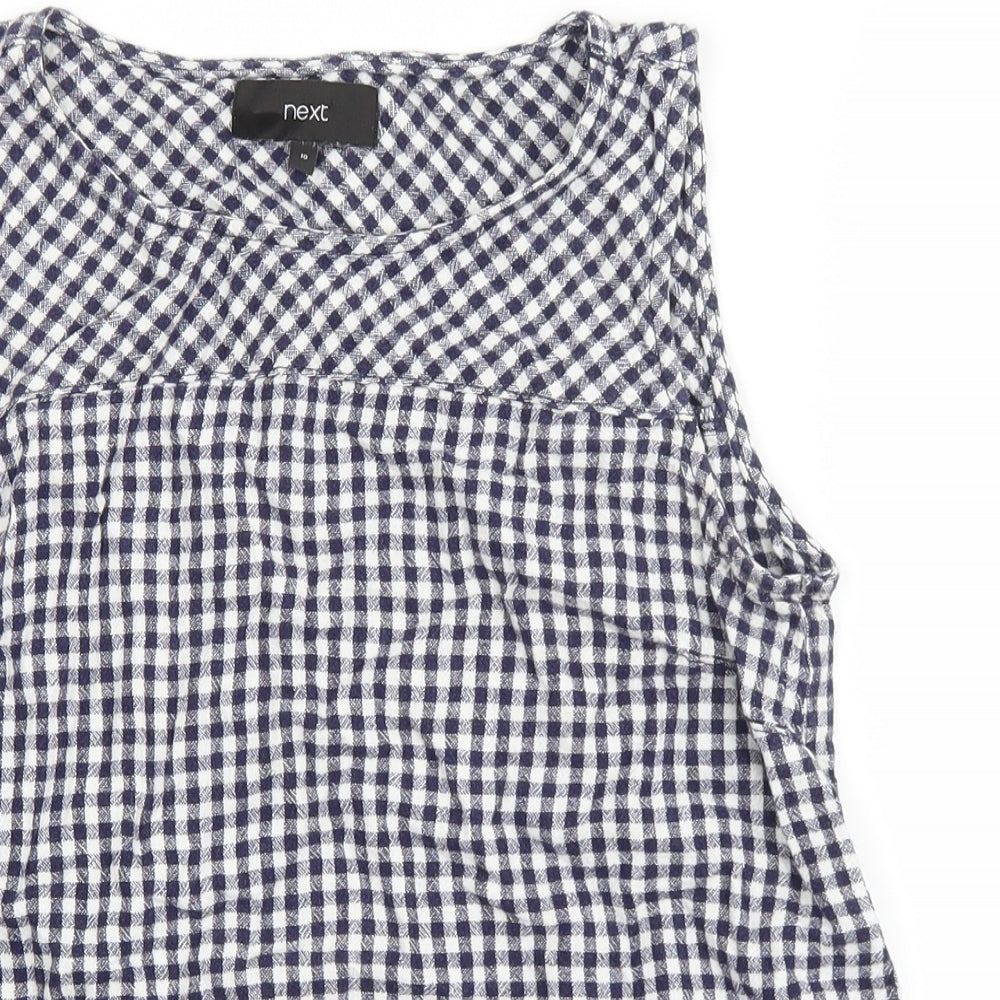 NEXT Womens Blue Check Linen Basic Tank Size 10 Round Neck