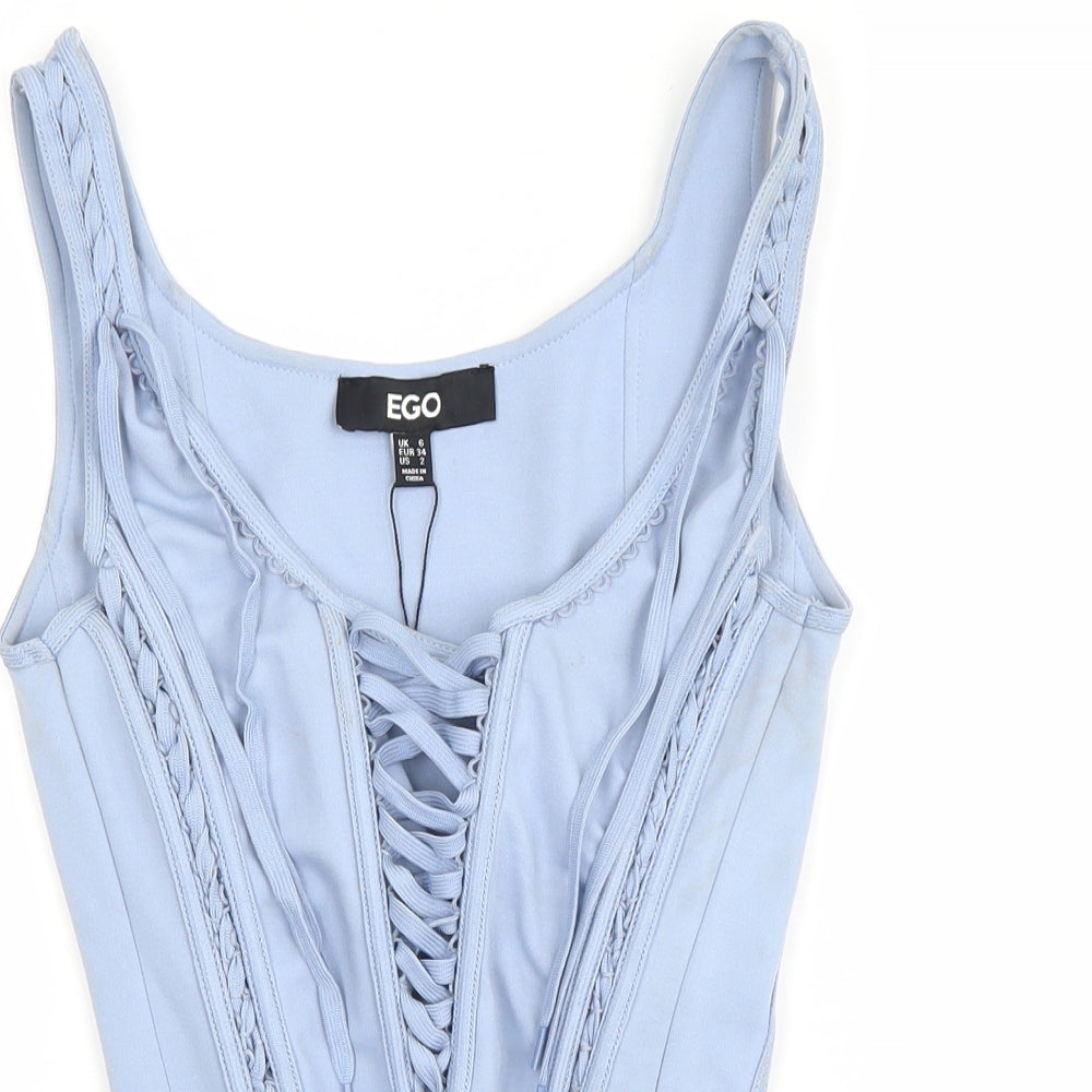 Ego Womens Blue Polyester Cropped Blouse Size 6 Scoop Neck