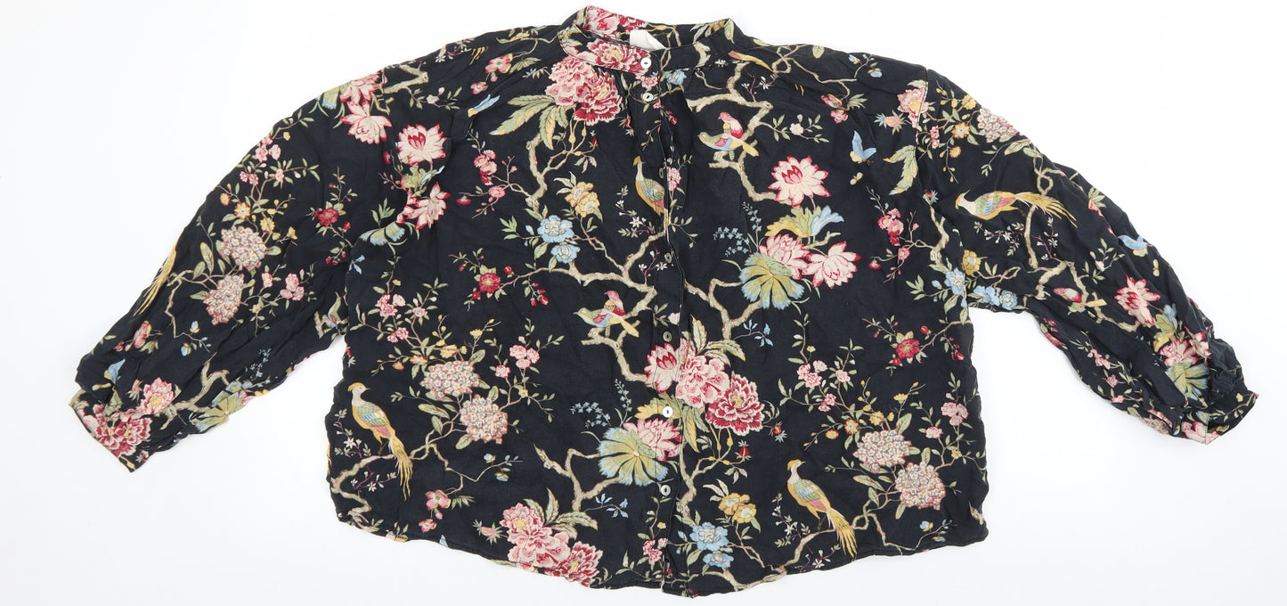 H&M Womens Black Floral Lyocell Basic Button-Up Size 2 Mock Neck
