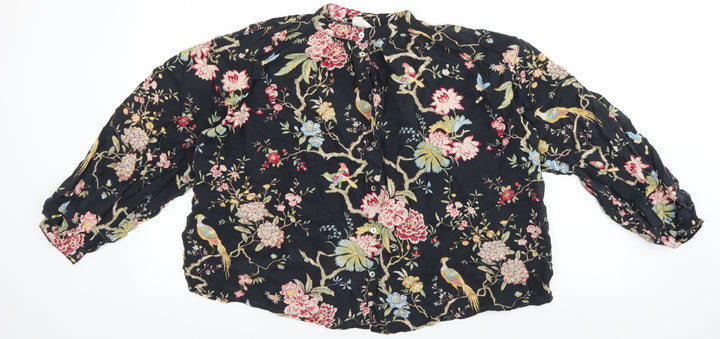 H&M Womens Black Floral Lyocell Basic Button-Up Size 2 Mock Neck