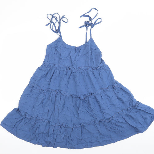 SheIn Womens Blue Viscose Trapeze & Swing Size S Round Neck Tie - Tiered