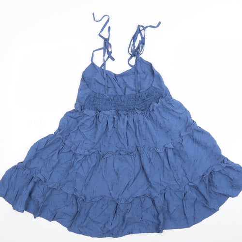 SheIn Womens Blue Viscose Trapeze & Swing Size S Round Neck Tie - Tiered