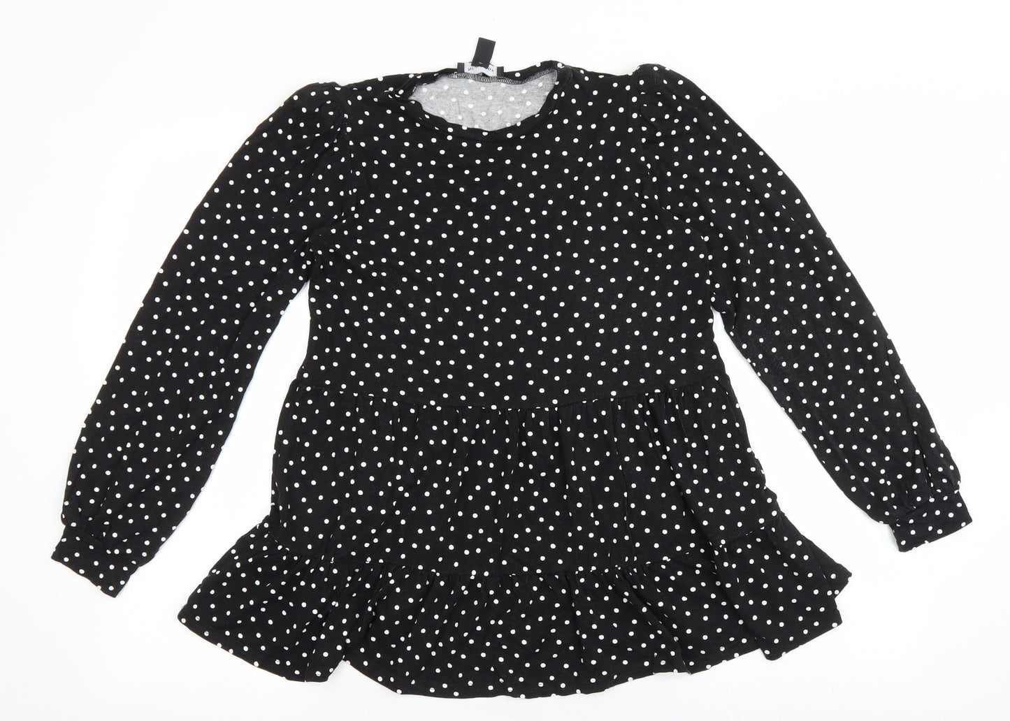 New Look Womens Black Polka Dot Viscose Basic Blouse Size 10 Crew Neck