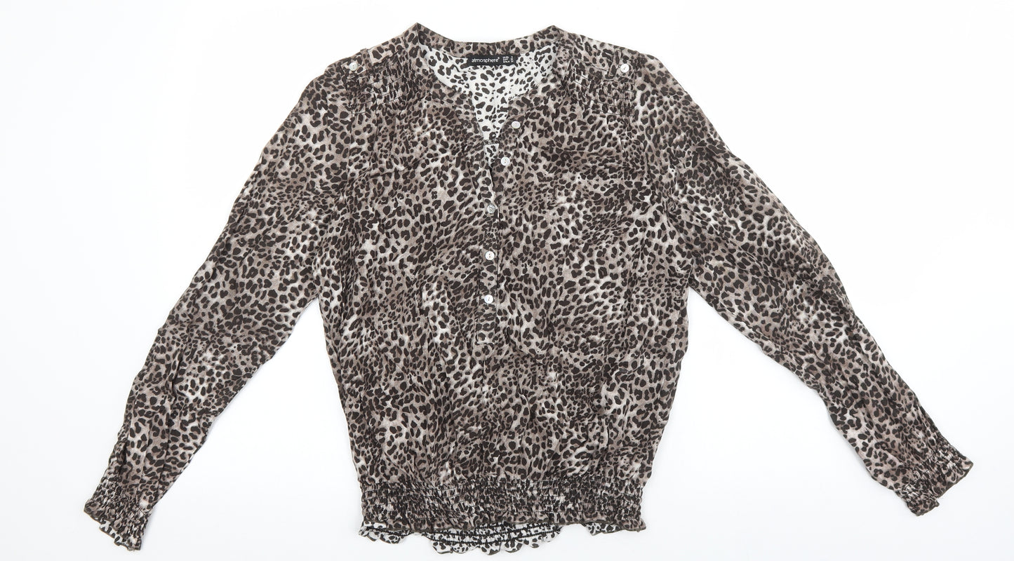 Atmoshphere Womens Brown Animal Print Polyester Basic Blouse Size 8 V-Neck - Leopard Print