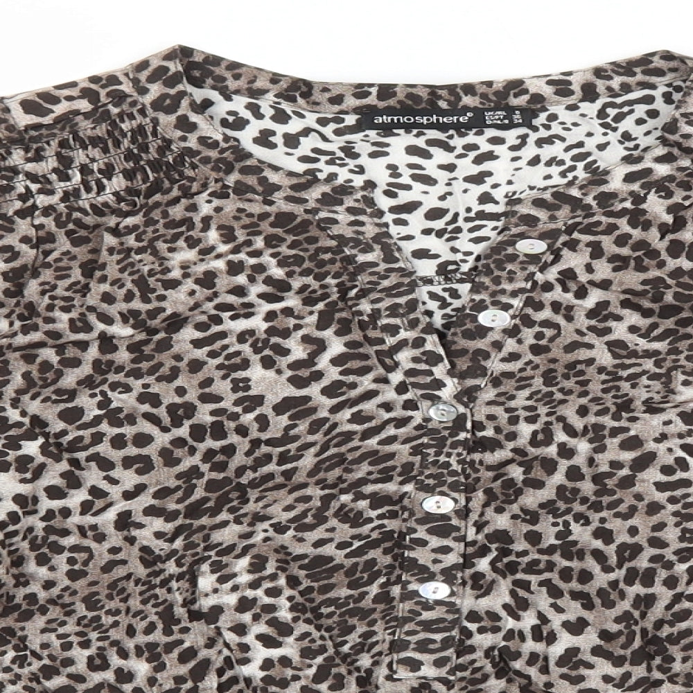 Atmoshphere Womens Brown Animal Print Polyester Basic Blouse Size 8 V-Neck - Leopard Print