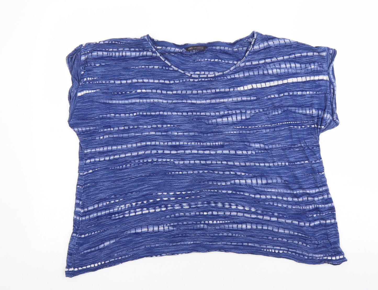 Marks and Spencer Womens Blue Geometric Viscose Basic T-Shirt Size 16 Boat Neck