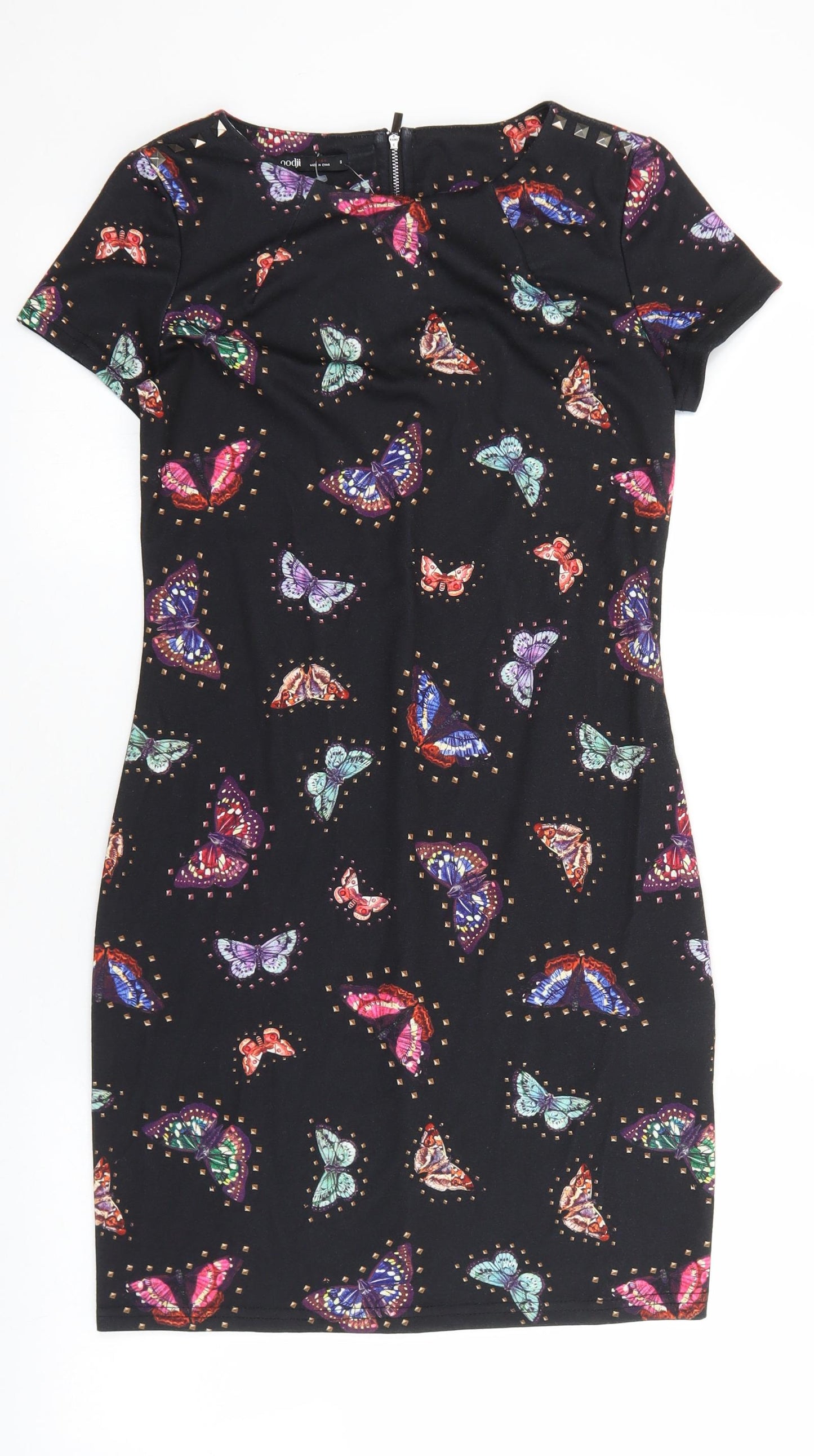 Oodji Womens Black Geometric Polyester Shift Size S Boat Neck Zip - Butterfly Print