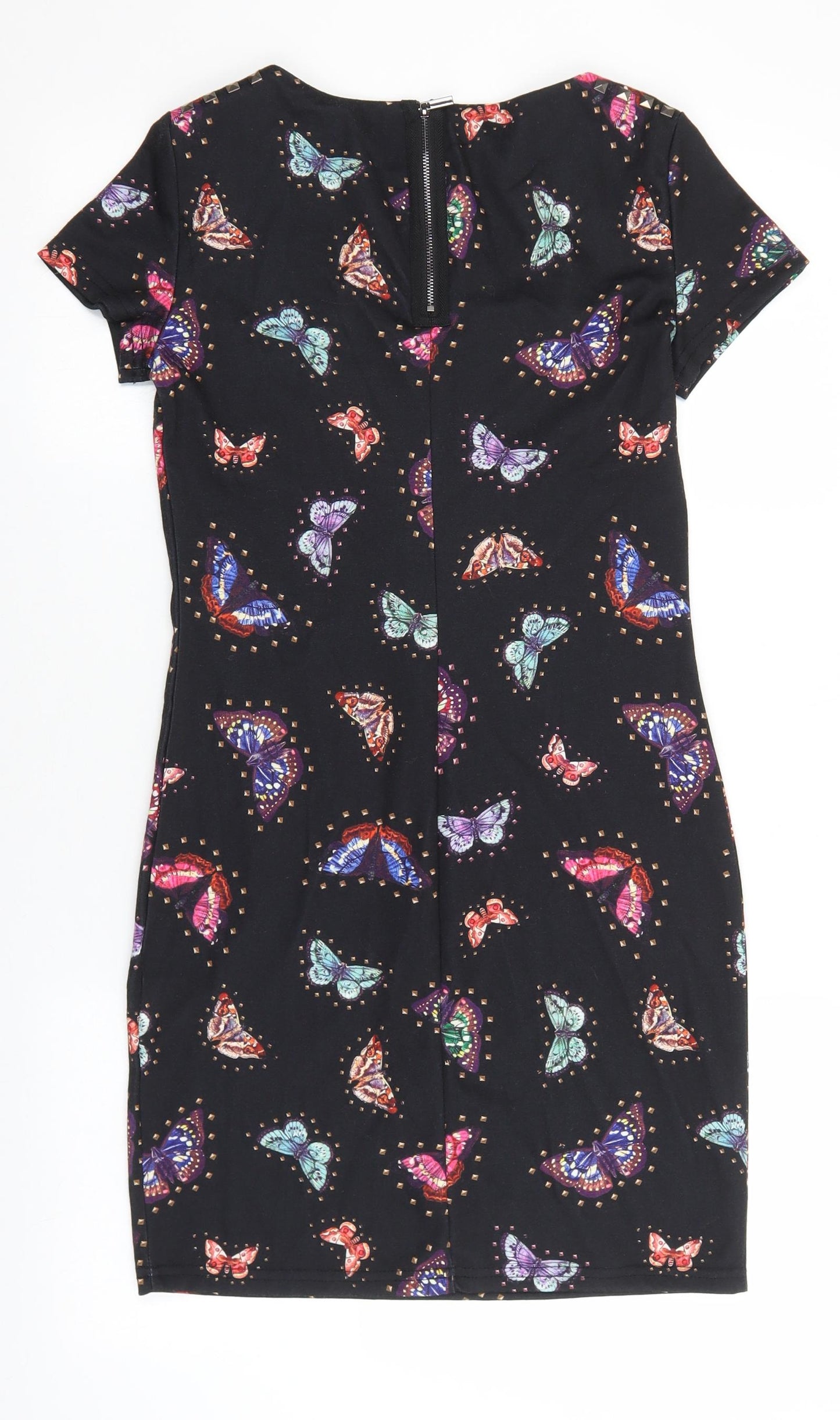 Oodji Womens Black Geometric Polyester Shift Size S Boat Neck Zip - Butterfly Print