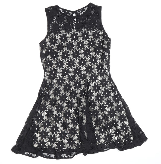 Debenhams Womens Black Floral Polyester Skater Dress Size 12 Boat Neck Button