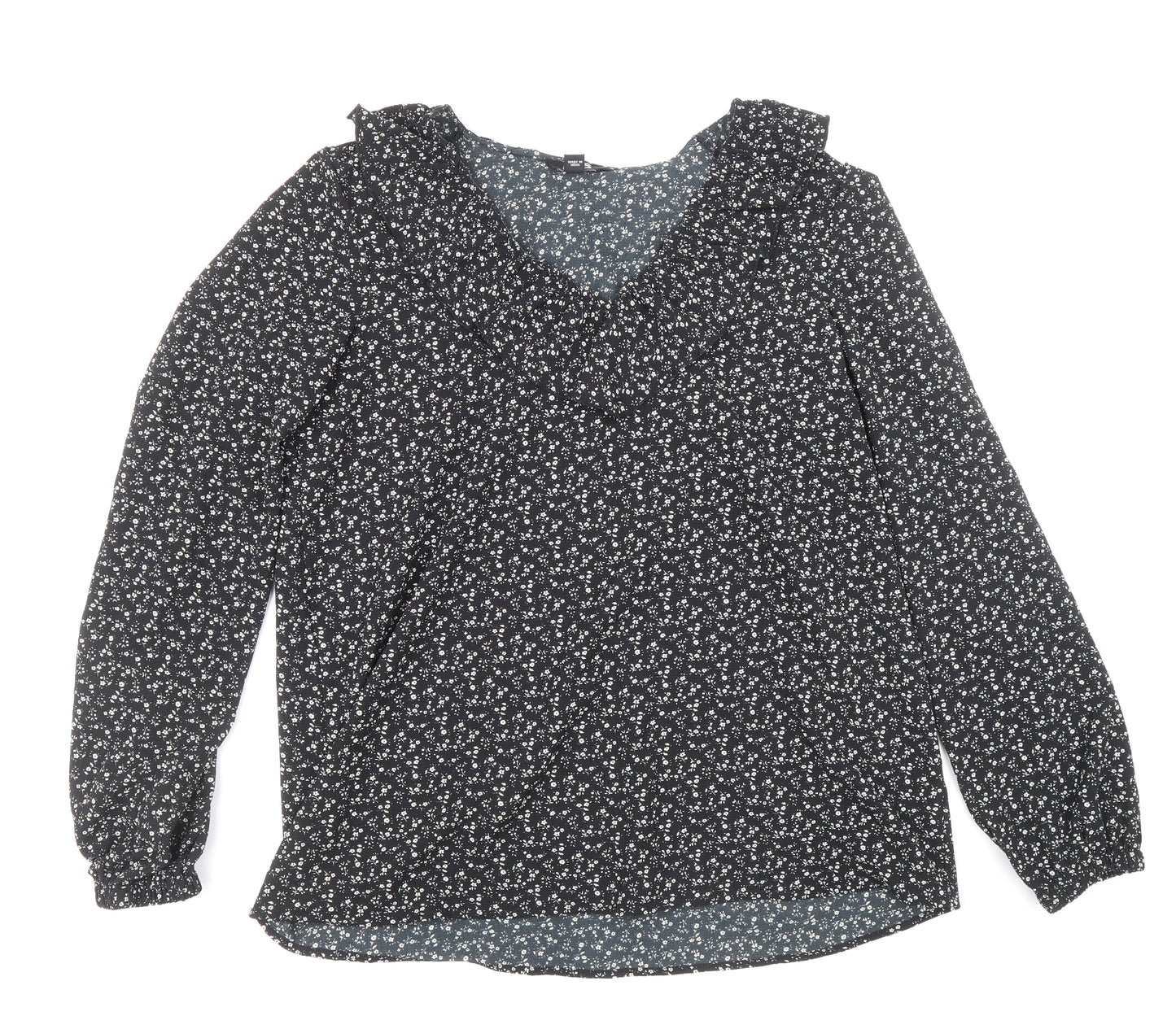 LTS Womens Black Floral Polyester Basic Blouse Size 14 V-Neck