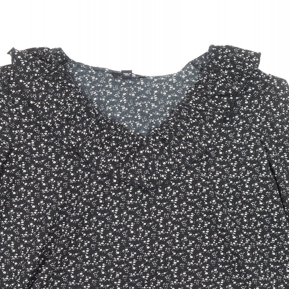 LTS Womens Black Floral Polyester Basic Blouse Size 14 V-Neck