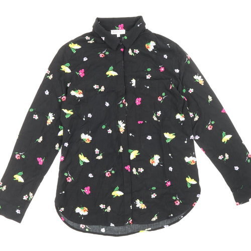 Warehouse Womens Black Floral Viscose Basic Button-Up Size 10 Collared