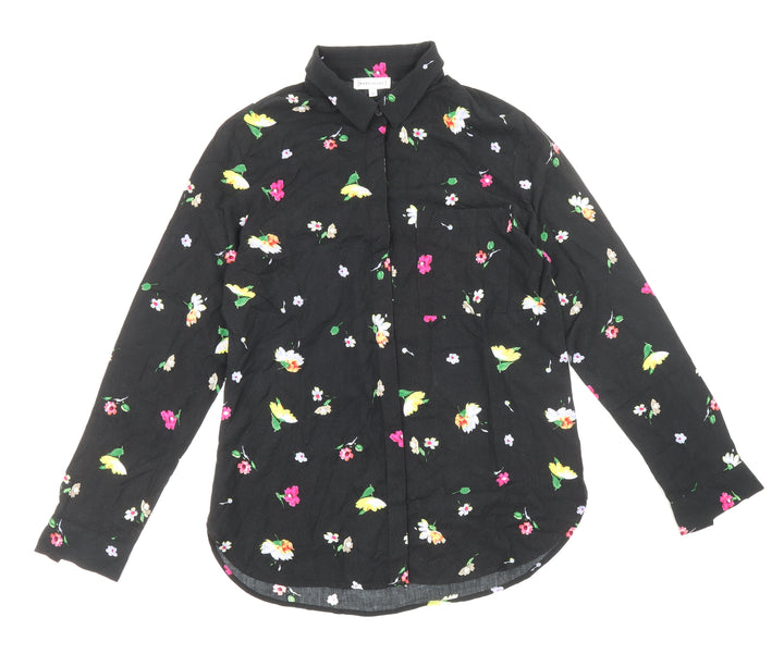 Warehouse Womens Black Floral Viscose Basic Button-Up Size 10 Collared