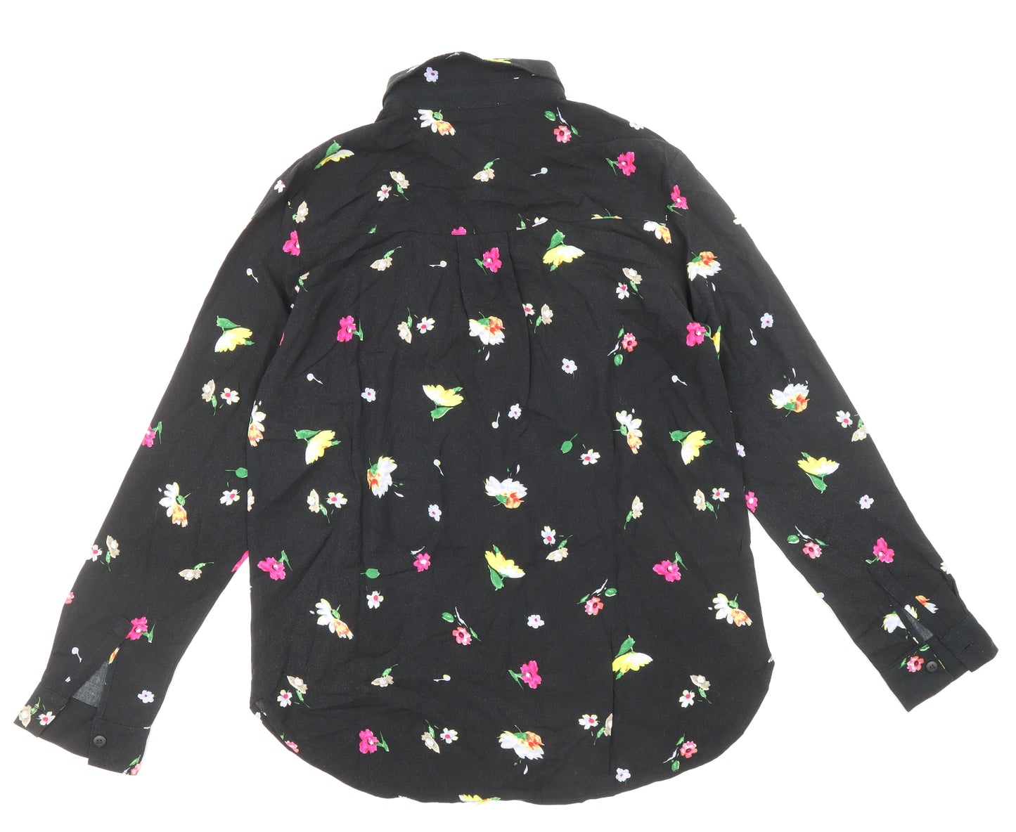 Warehouse Womens Black Floral Viscose Basic Button-Up Size 10 Collared