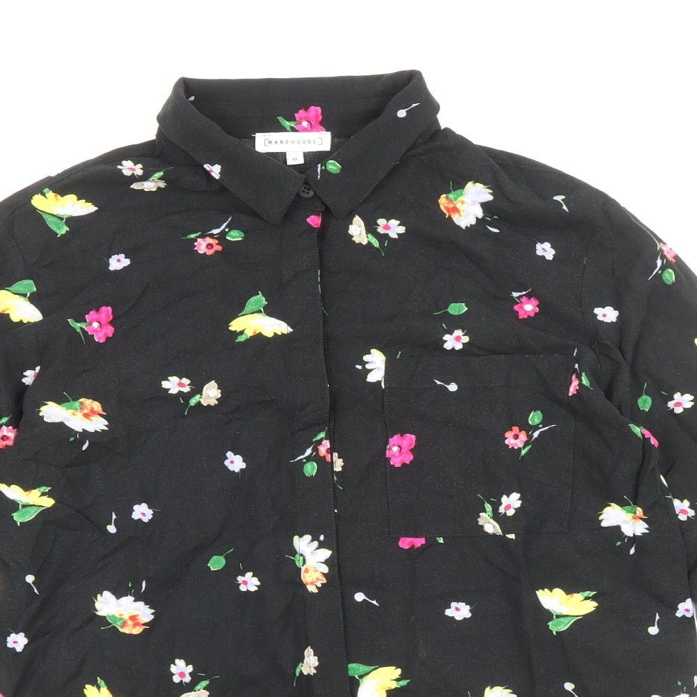 Warehouse Womens Black Floral Viscose Basic Button-Up Size 10 Collared