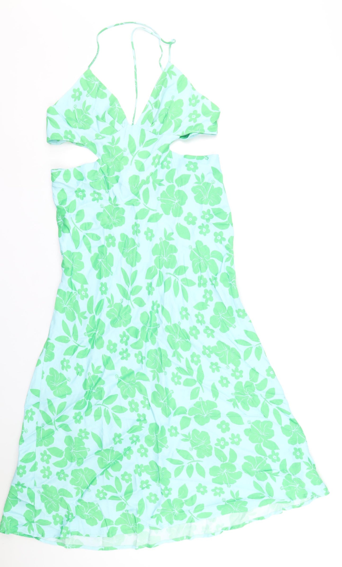 Zara Womens Green Floral Viscose A-Line Size XL V-Neck Zip