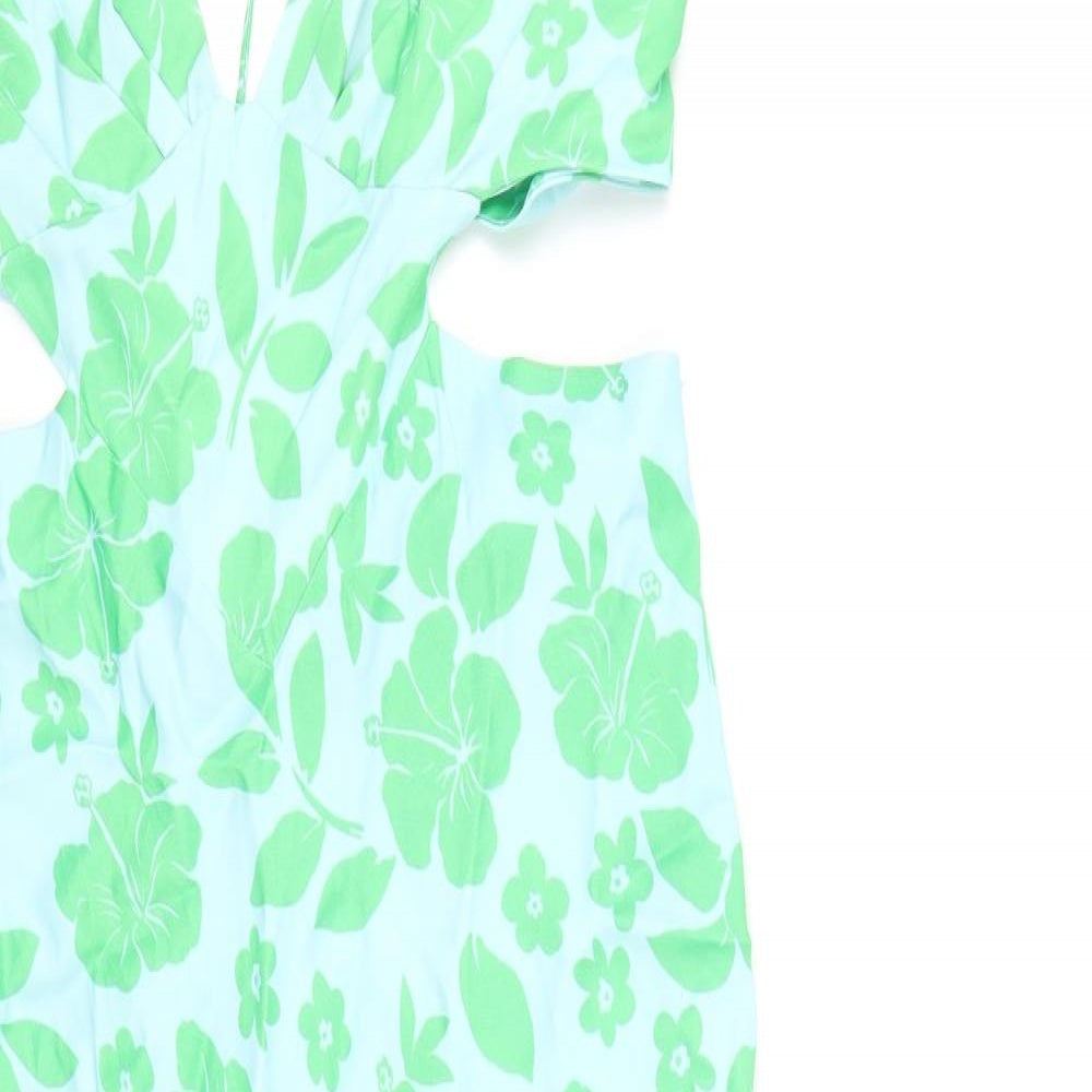 Zara Womens Green Floral Viscose A-Line Size XL V-Neck Zip