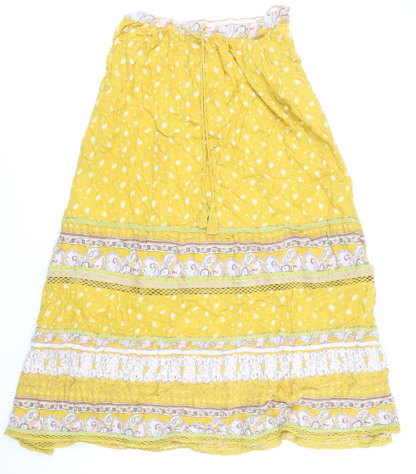 Superdry Womens Yellow Geometric Viscose Flare Skirt Size 14 Drawstring