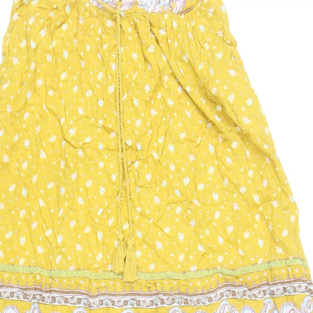 Superdry Womens Yellow Geometric Viscose Flare Skirt Size 14 Drawstring