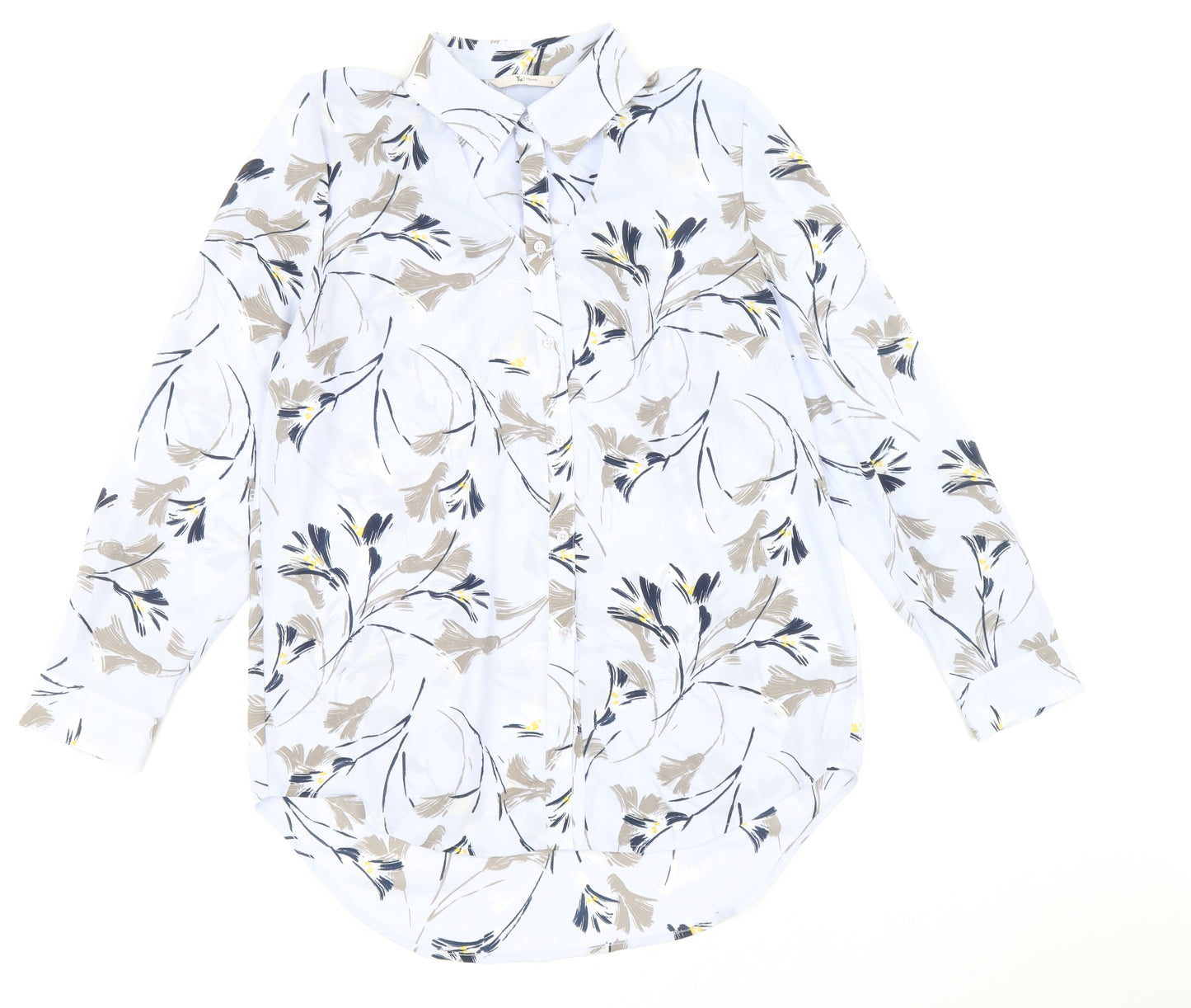 TU Womens White Floral Polyester Basic Button-Up Size 12 Collared