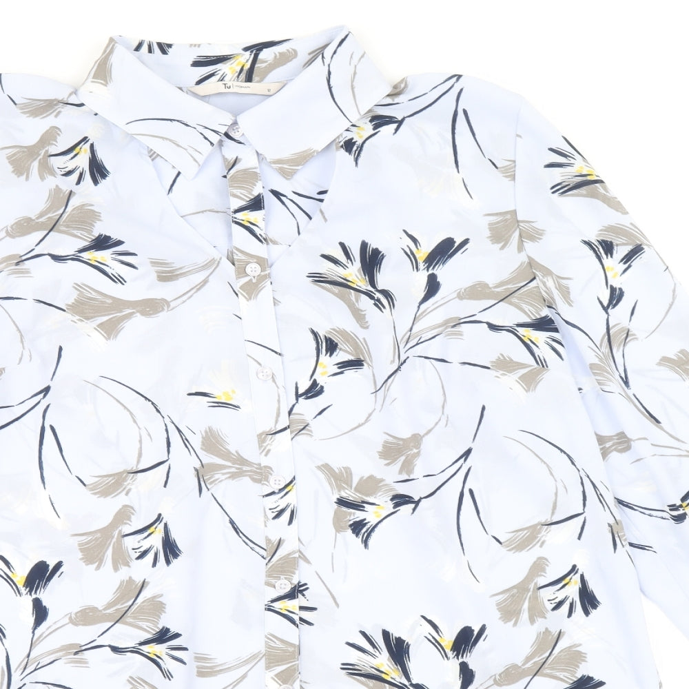 TU Womens White Floral Polyester Basic Button-Up Size 12 Collared