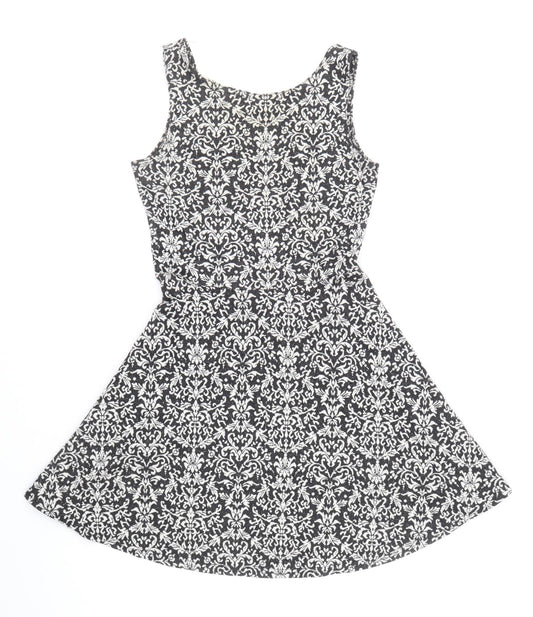 Front view of Atmosphere women’s black geometric polyester fit & flare, size UK 10, boat neck pullover