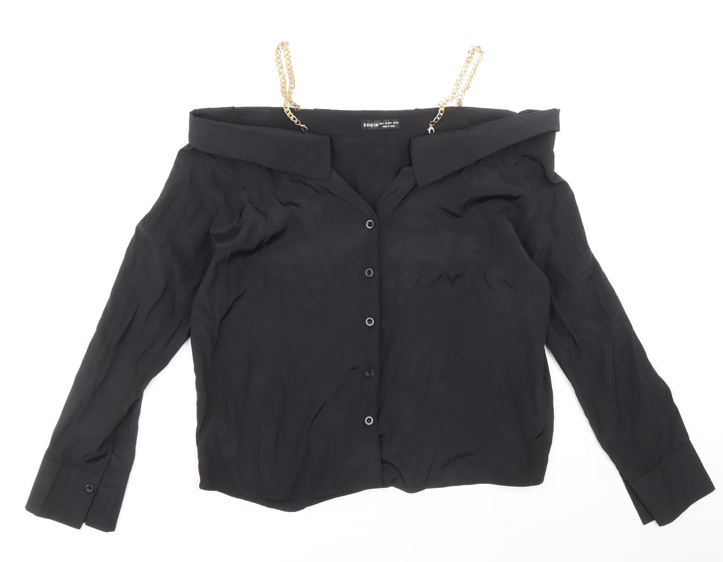 SheIn Womens Black Polyester Basic Button-Up Size 8 Off the Shoulder - Chain Straps